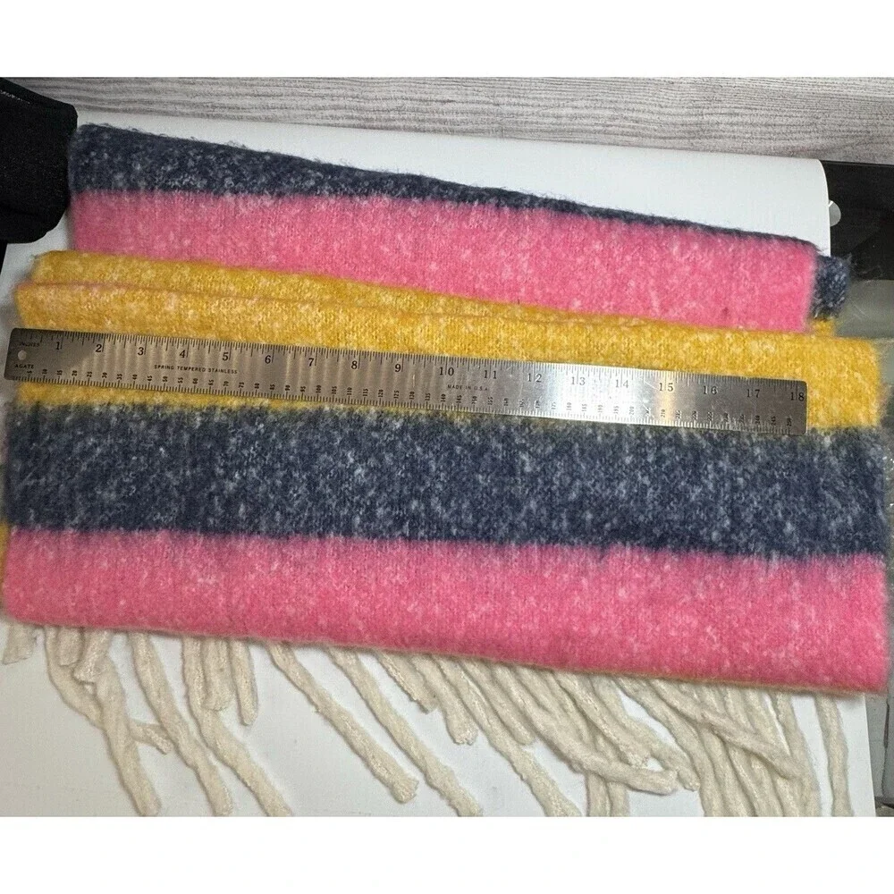 Aerie Scarf Womens Blanket Chunky Blue Yellow Pink Striped Fringe Soft 19
